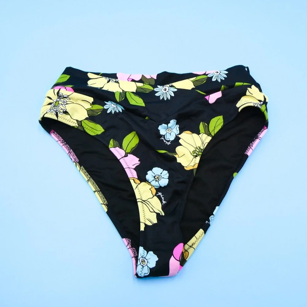 Victorias Secret Small Black Floral High-waisted Ruffle‎ Bikini Bottom Swimwear